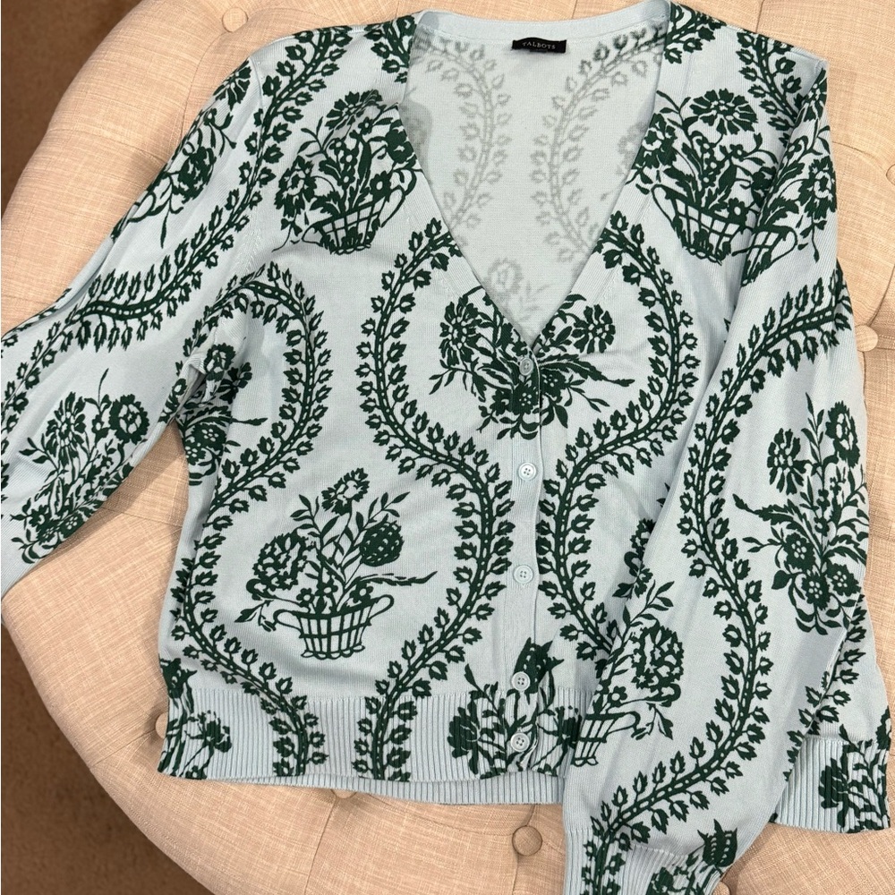 Talbots Green and White Button Down Sweater